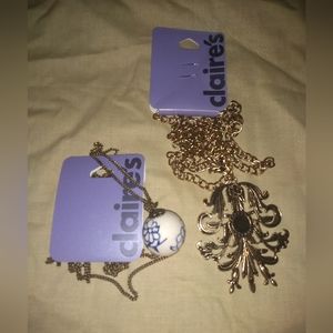 NWT 2 Necklaces, Both Long, Claire's, Blue & White Glass Pendant, Gold F…